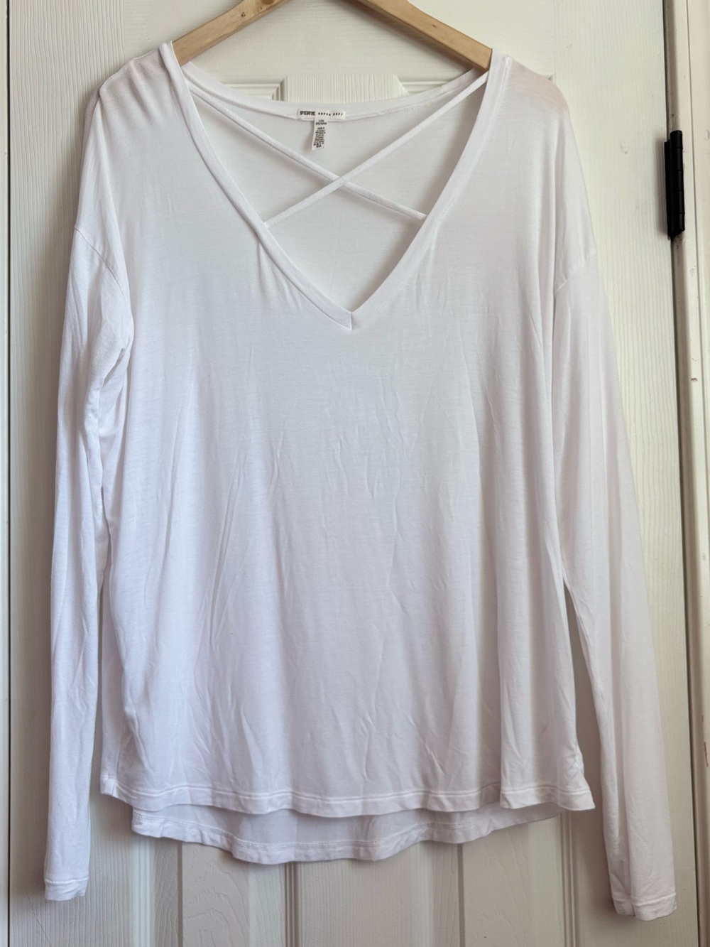 PINK Victoria's Secret White Long Sleeve V-Neck Top with Crisscross